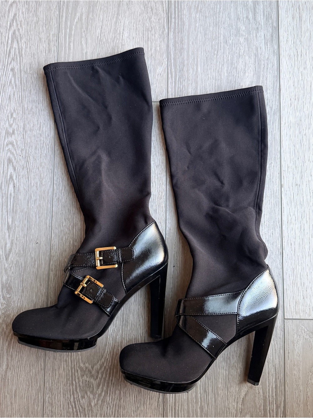 Michael Kors Allister Knee High Boot Black Stretch Fabric Buckle 8
